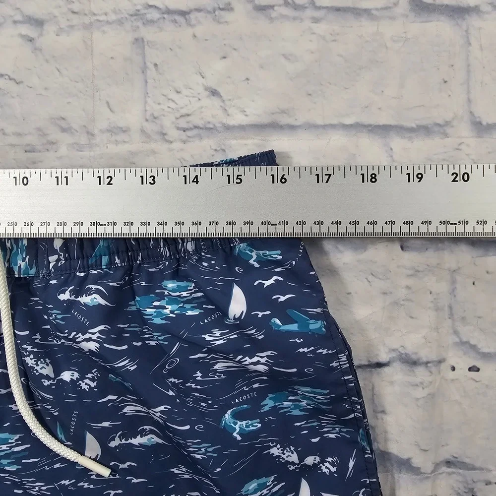 Lacoste Swim Trunks Mens M Blue Nautical Sailboat Print Drawstring Mesh Lining